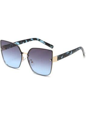 Oversized Blue Sunglasses Rimless Metal Frame with Gold Accents UV Protection